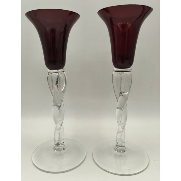 Other - Vintage Handblown Glass Candle Holders With Ruby Red Fluted Tops & Clear Twisted